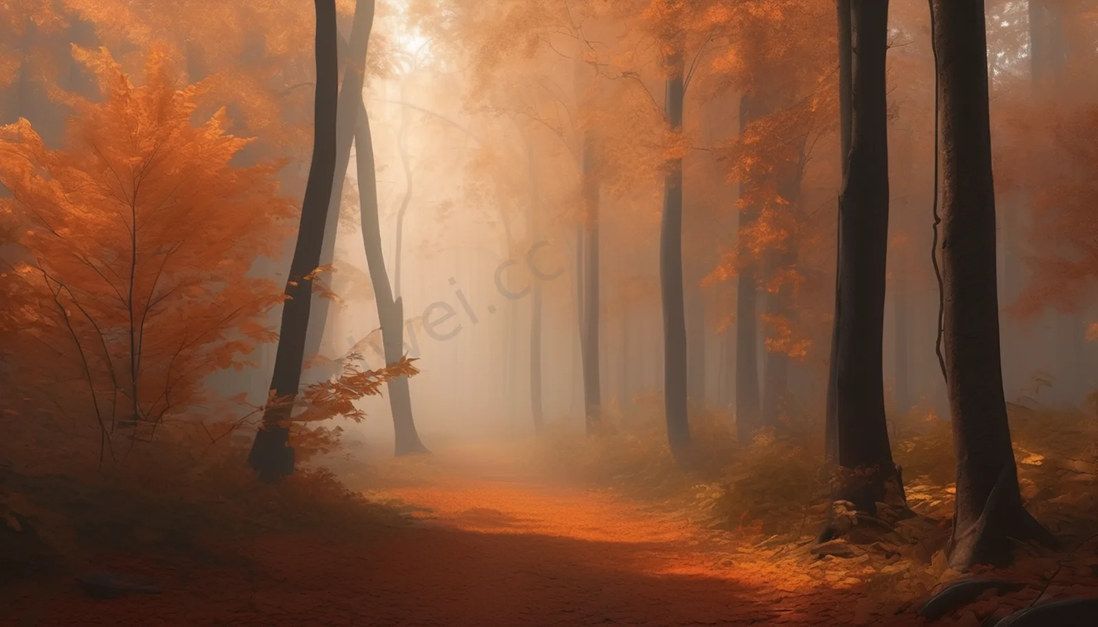 Amber Autumn Leaves Morning Fog Warm Forest Wallpaper