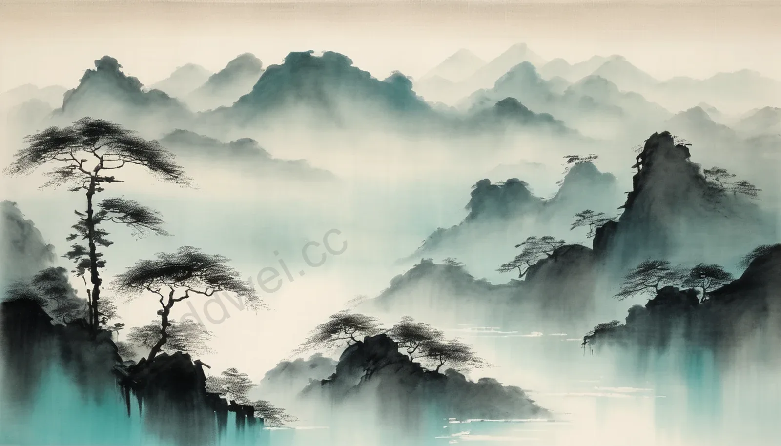 Pale Cyan Ink Wash Mountain Right Negative Space Chinese Style Background