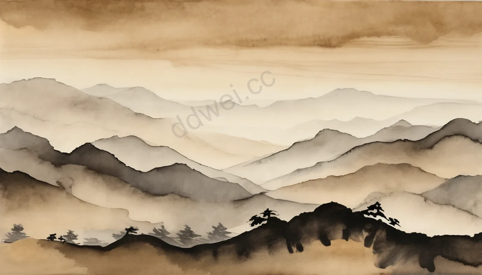 Light Ochre Rough Xuan Paper Layered Hill Left Negative Space Chinese Background