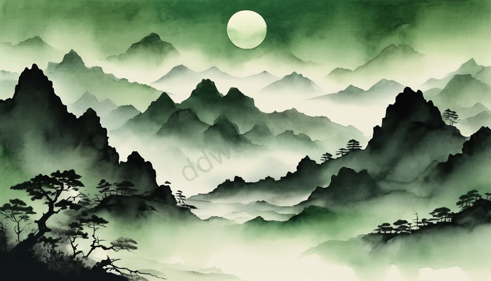 墨绿熟宣水墨风幻灯片留白背景