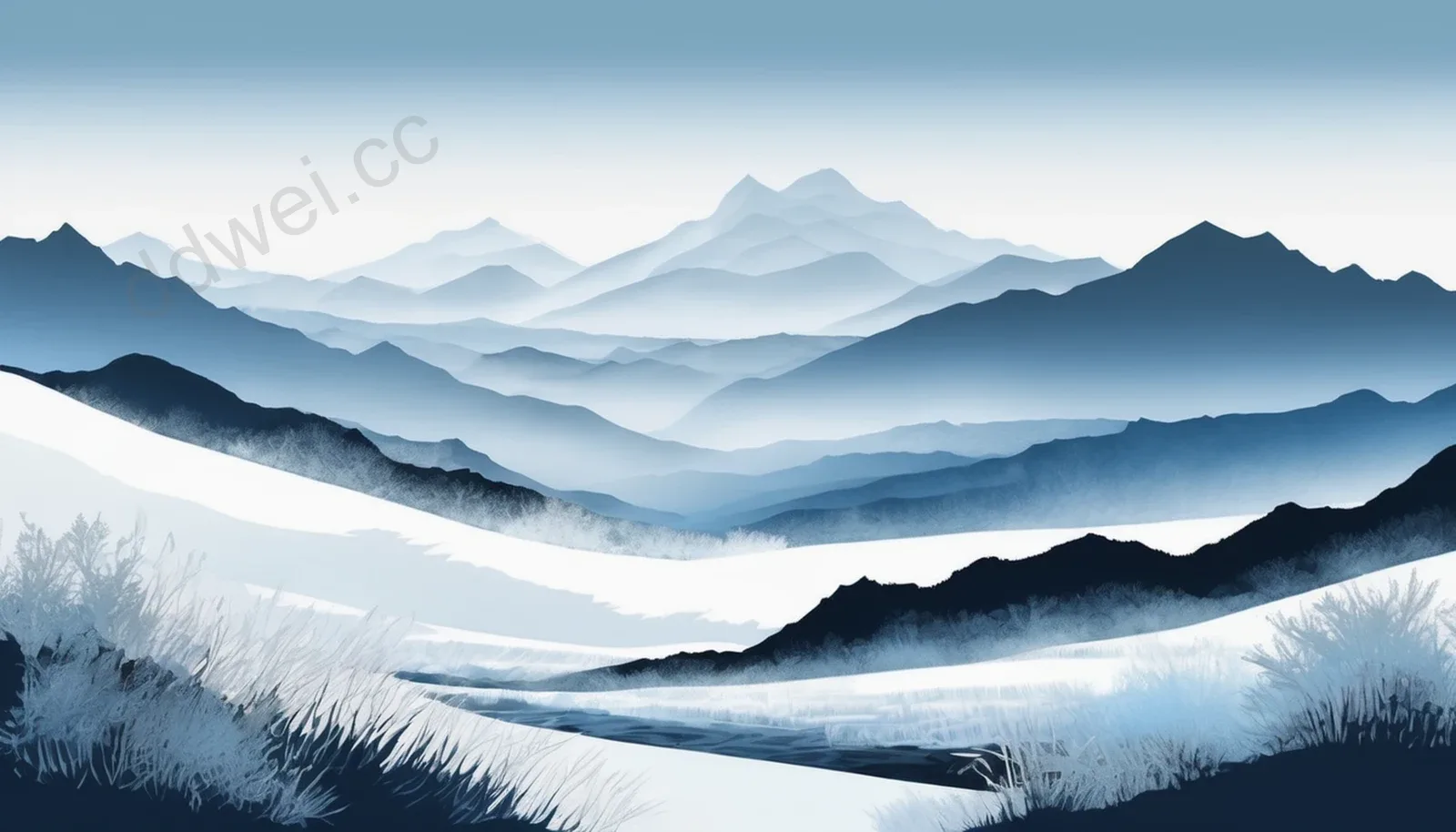 霜白淡蓝冰雪宣纸幻灯片背景图