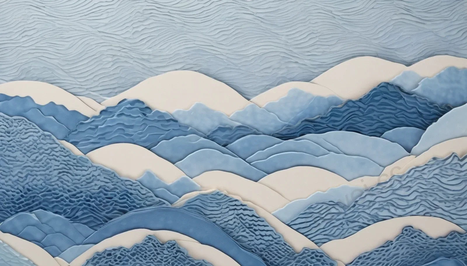 Indigo Blue Ink Silhouette Hills on Embossed Paper Background