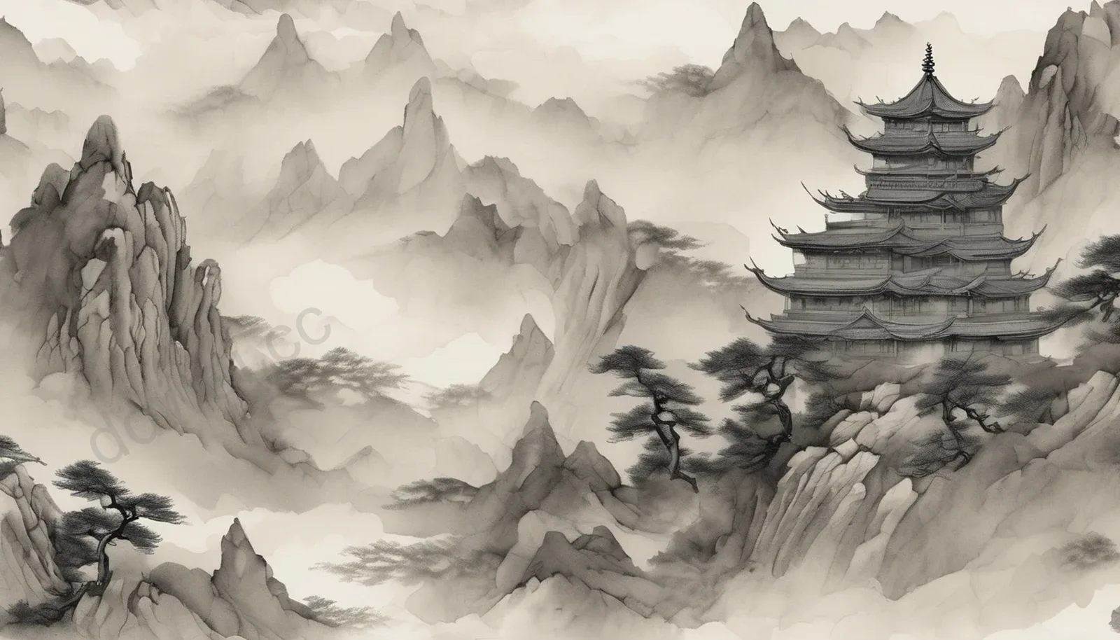 Tile Gray Ink Wash Peaks on Cloud Dragon Bark Paper Background
