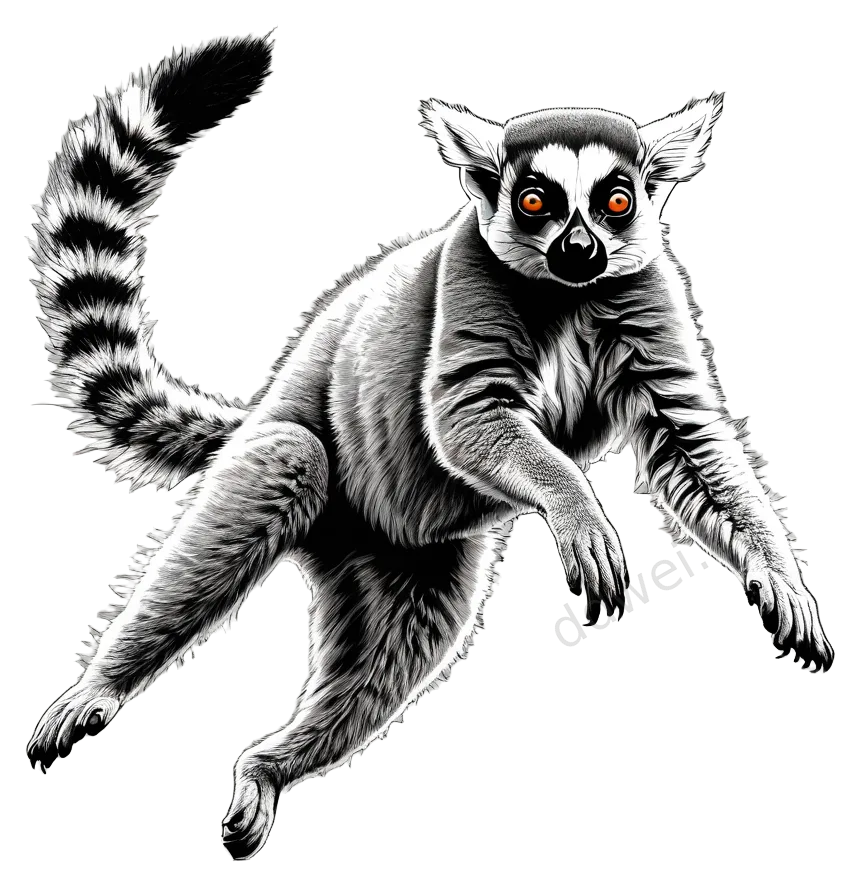 黑白灰环尾狐猴跃动钢笔插画素材