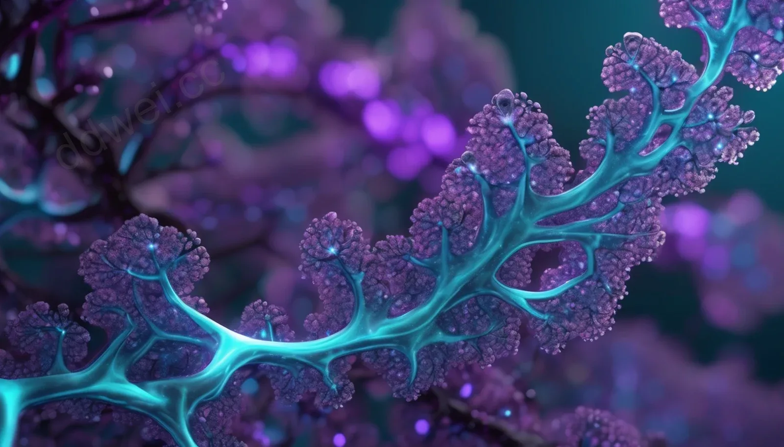 Deep Purple Cyan Fractal Glowing Branches Tech Background
