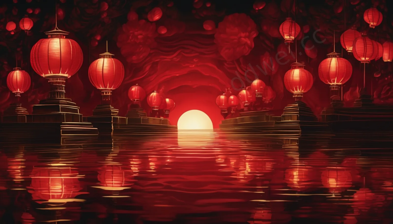 水面红灯笼倒影夜景留白背景