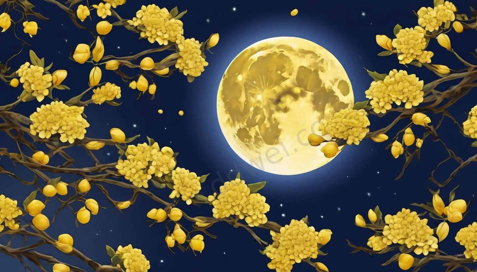 Deep Blue Moonlit Osmanthus Branches Mid-Autumn Background with Negative Space