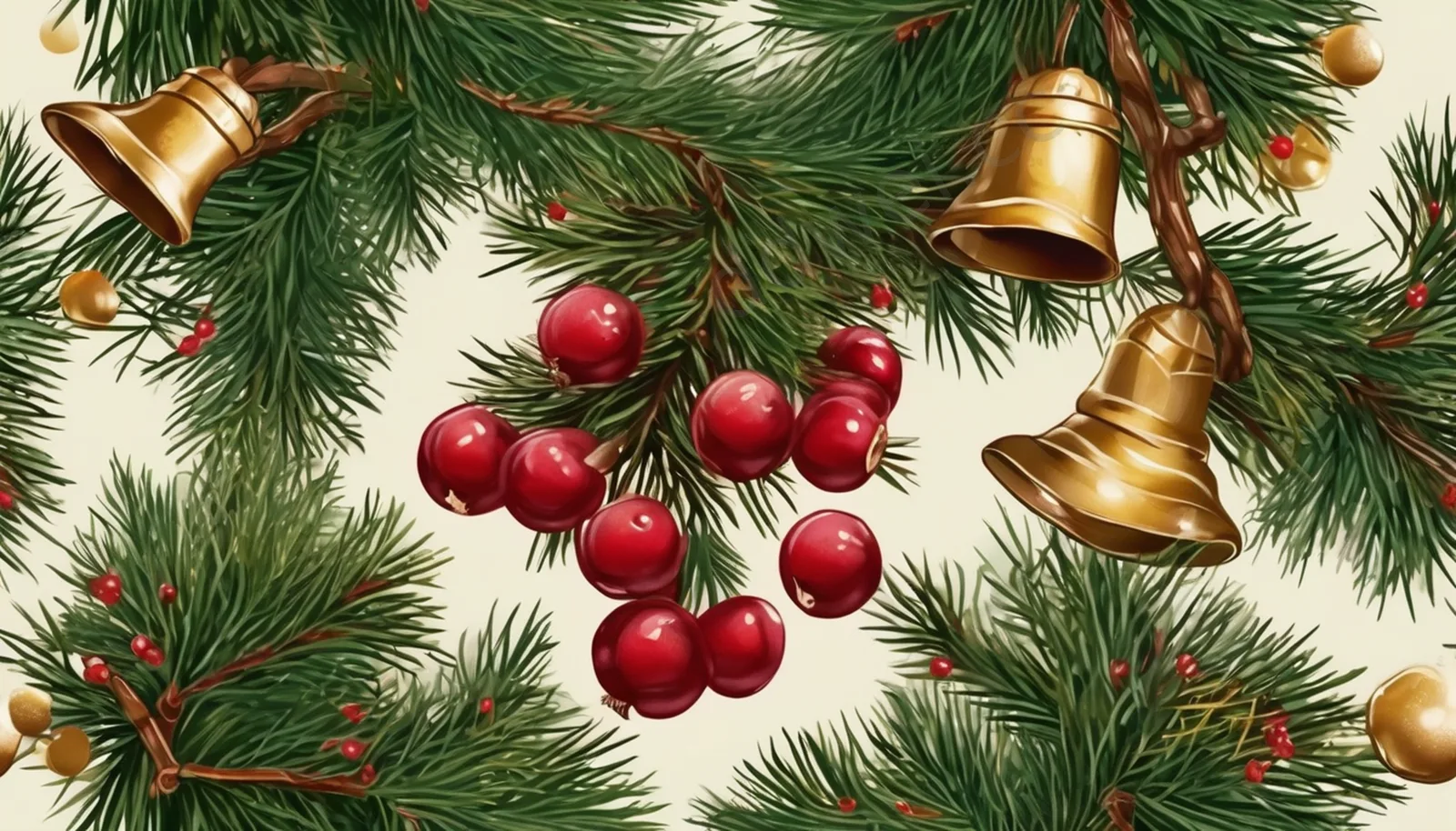 Dark Green Pine Branches and Red Berries Warm Cozy Christmas Background
