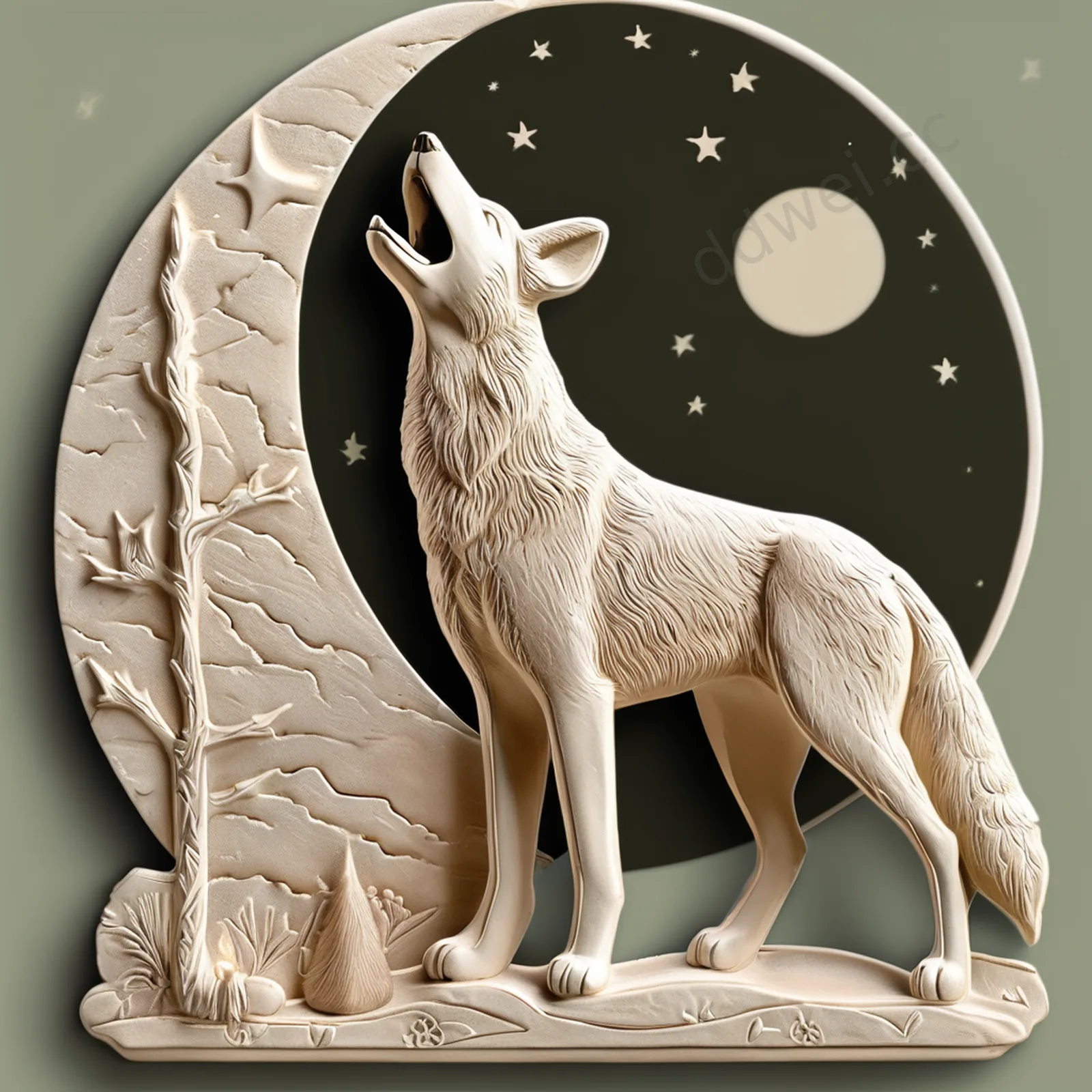 灰绿奶油色陶瓷野犬望月3D插画