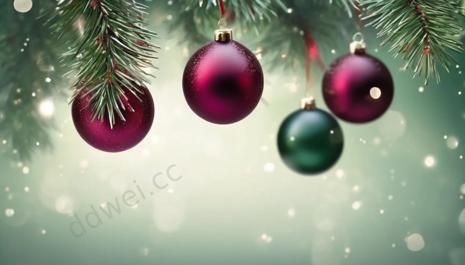 Burgundy Christmas Baubles and Bokeh Light Spots Dreamy Depth of Field Background