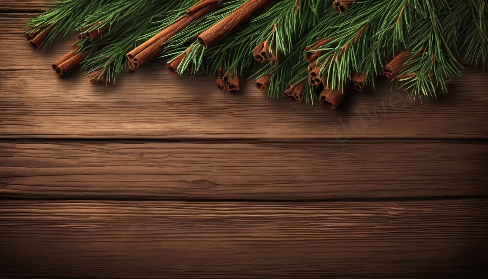 Warm Brown Rustic Wooden Table Pine Branches and Cinnamon Christmas Background