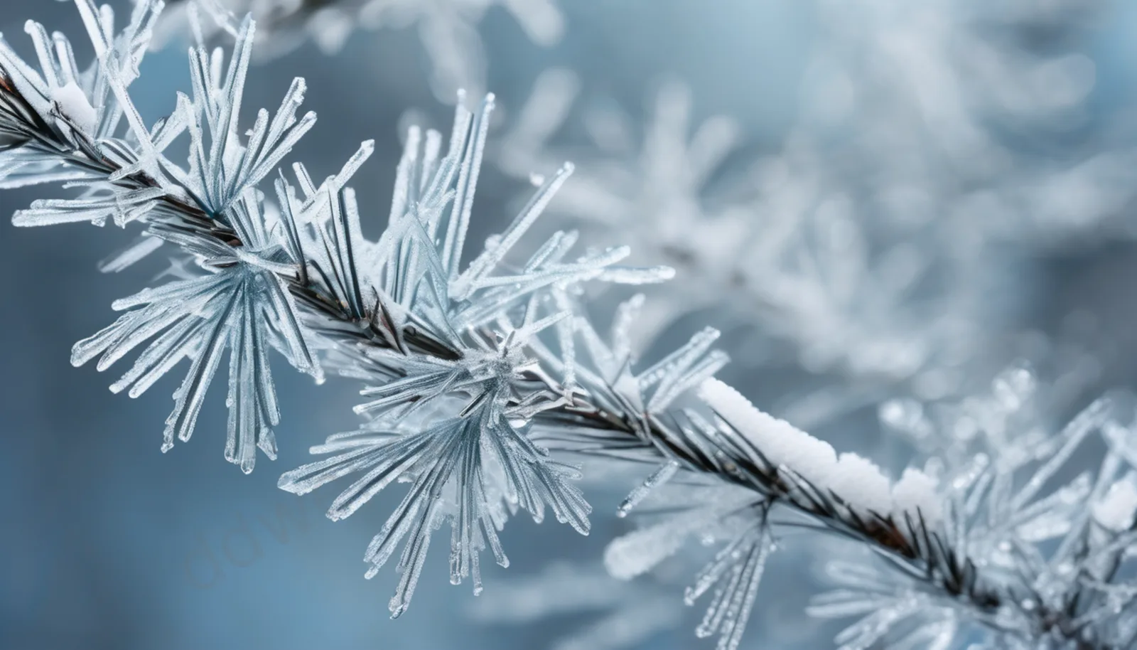 Ice Blue Frosted Pine Branches and Silver Snowflakes Elegant Winter Background