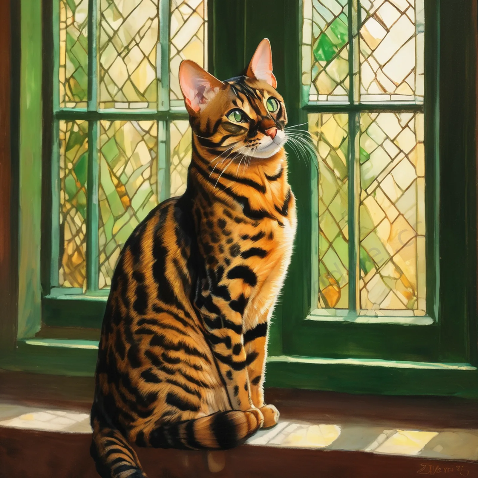 琥珀森林绿孟加拉猫伸展肖像