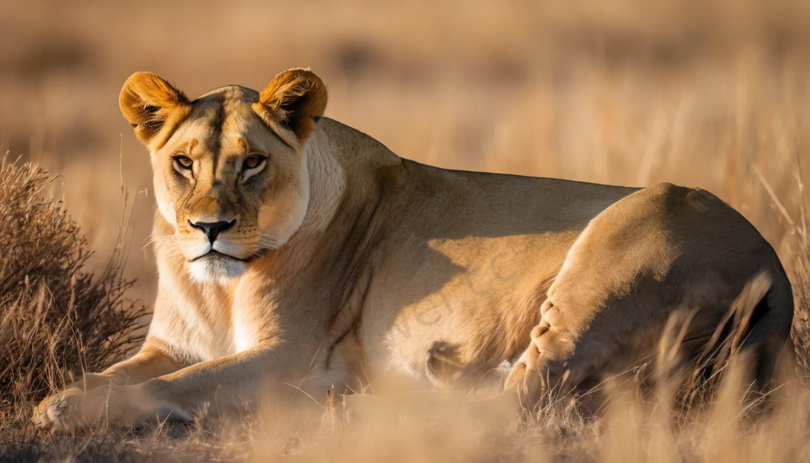 Resting Lioness on Sunlit Savanna