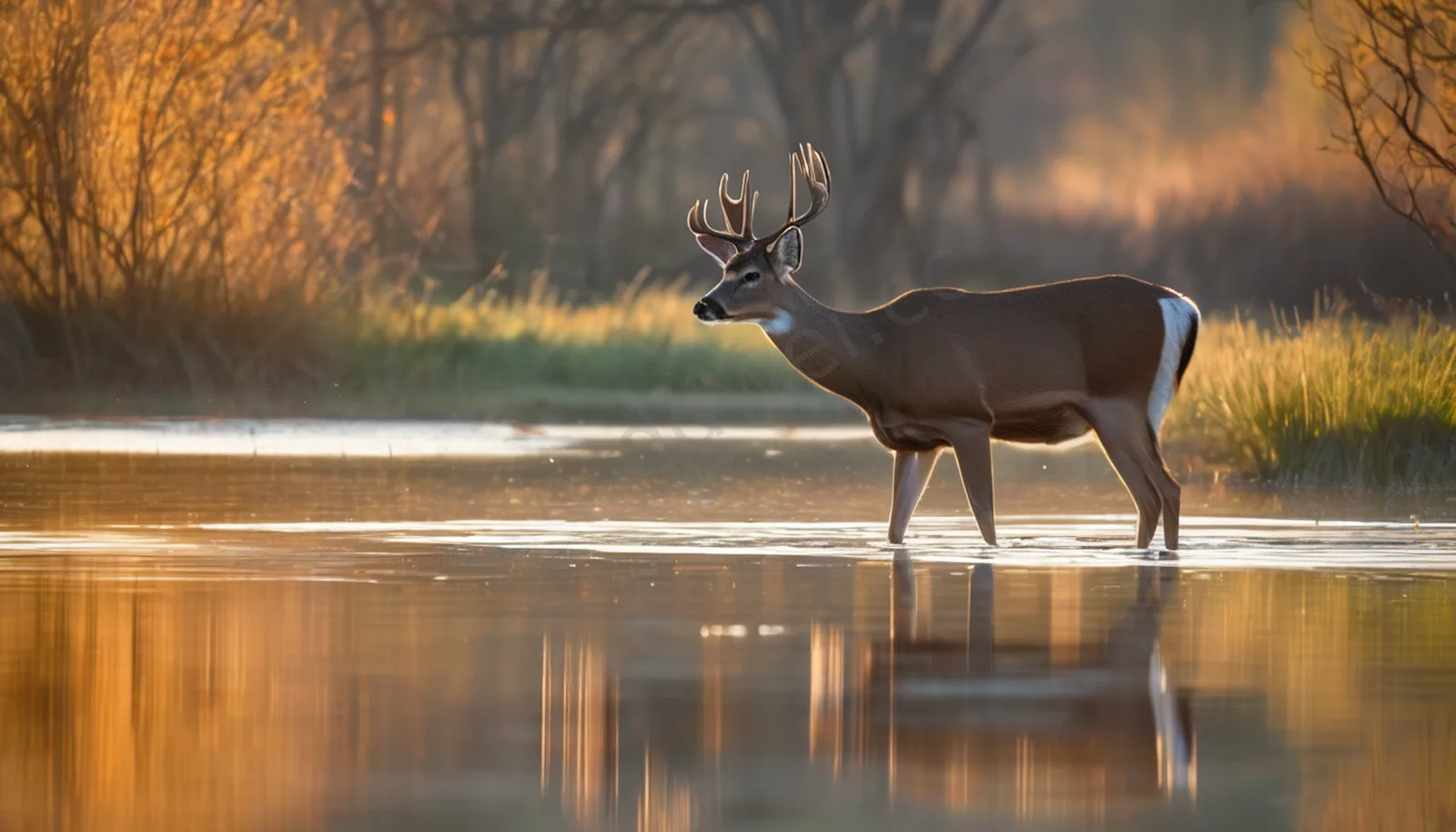 White Tailed Deer Drinking at Dawn Pond