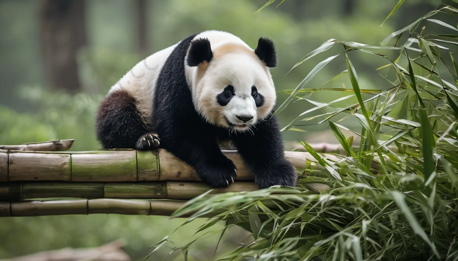 阴天竹林大熊猫攀木生态摄影