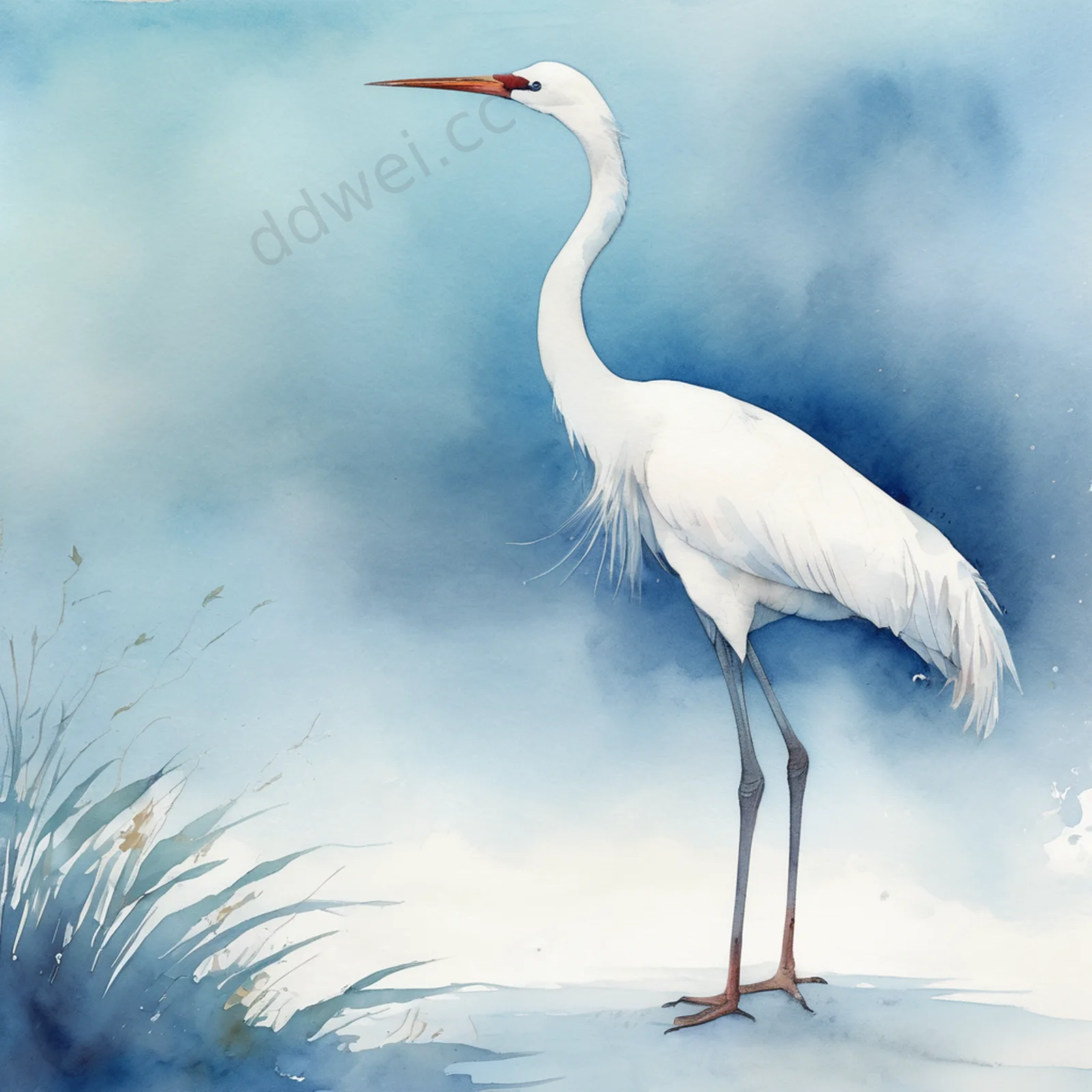 Blue & White Crane Watercolor Decorative Print