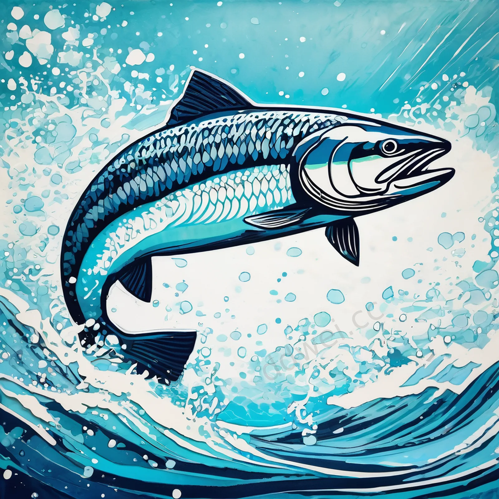 青蓝鲑鱼逆流跃浪水彩画