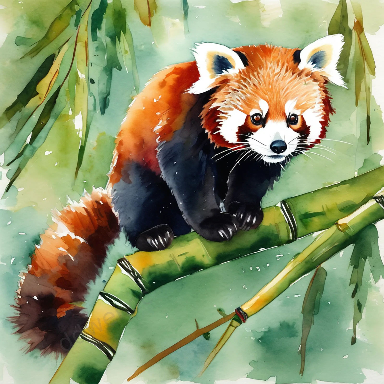 红熊猫竹林攀爬水彩插画