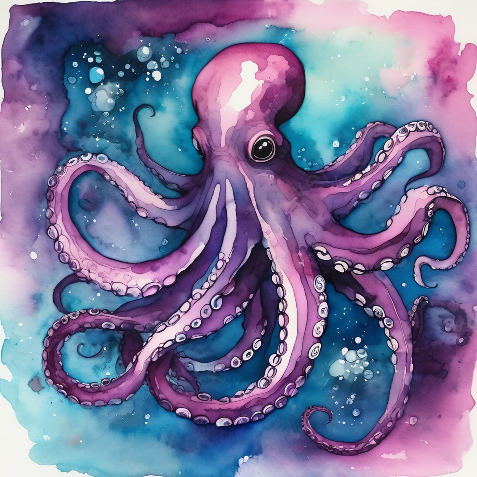 深海荧光章鱼水墨水彩插画