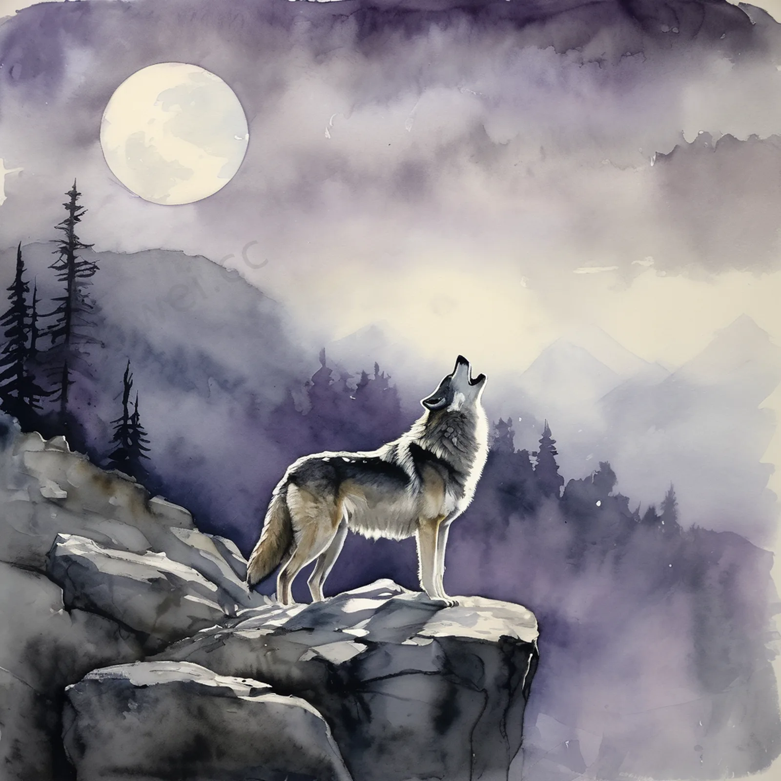 孤狼悬崖月下呼号水彩插画