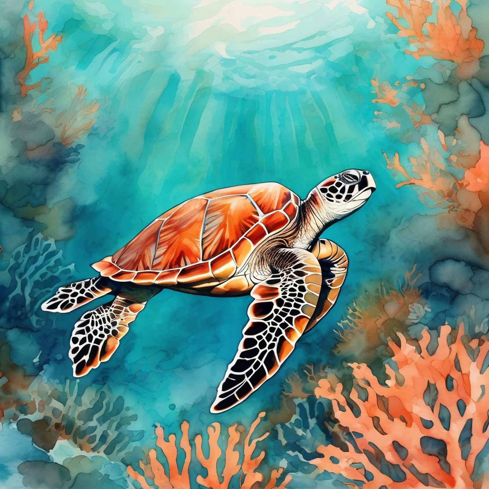 Sea Turtle Gliding Over Coral Reef Watercolor Background