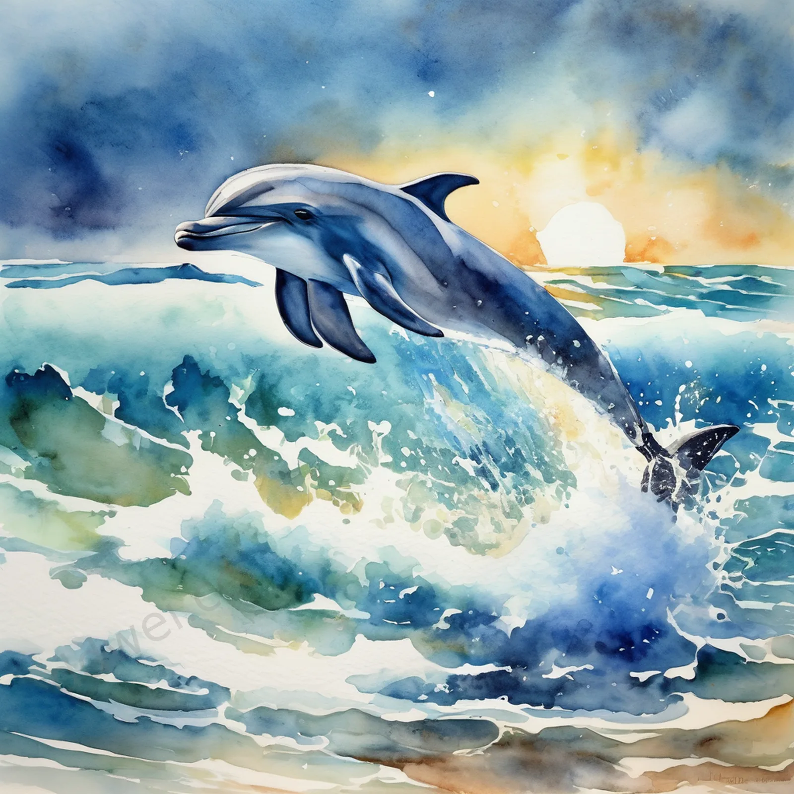 海豚跃浪海蓝留白气势磅礴装饰画