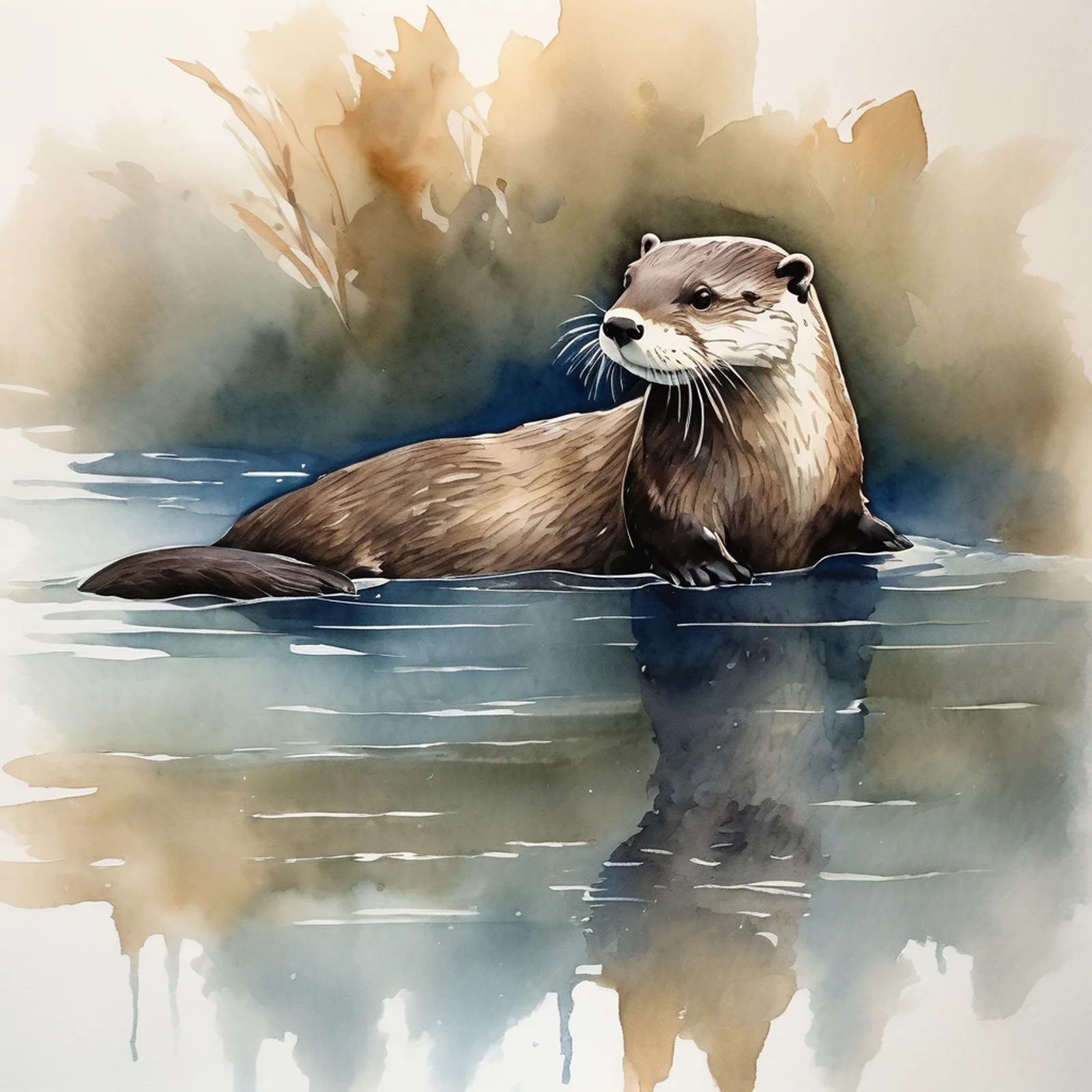 水獭河面仰游棕蓝渐变放松系装饰画