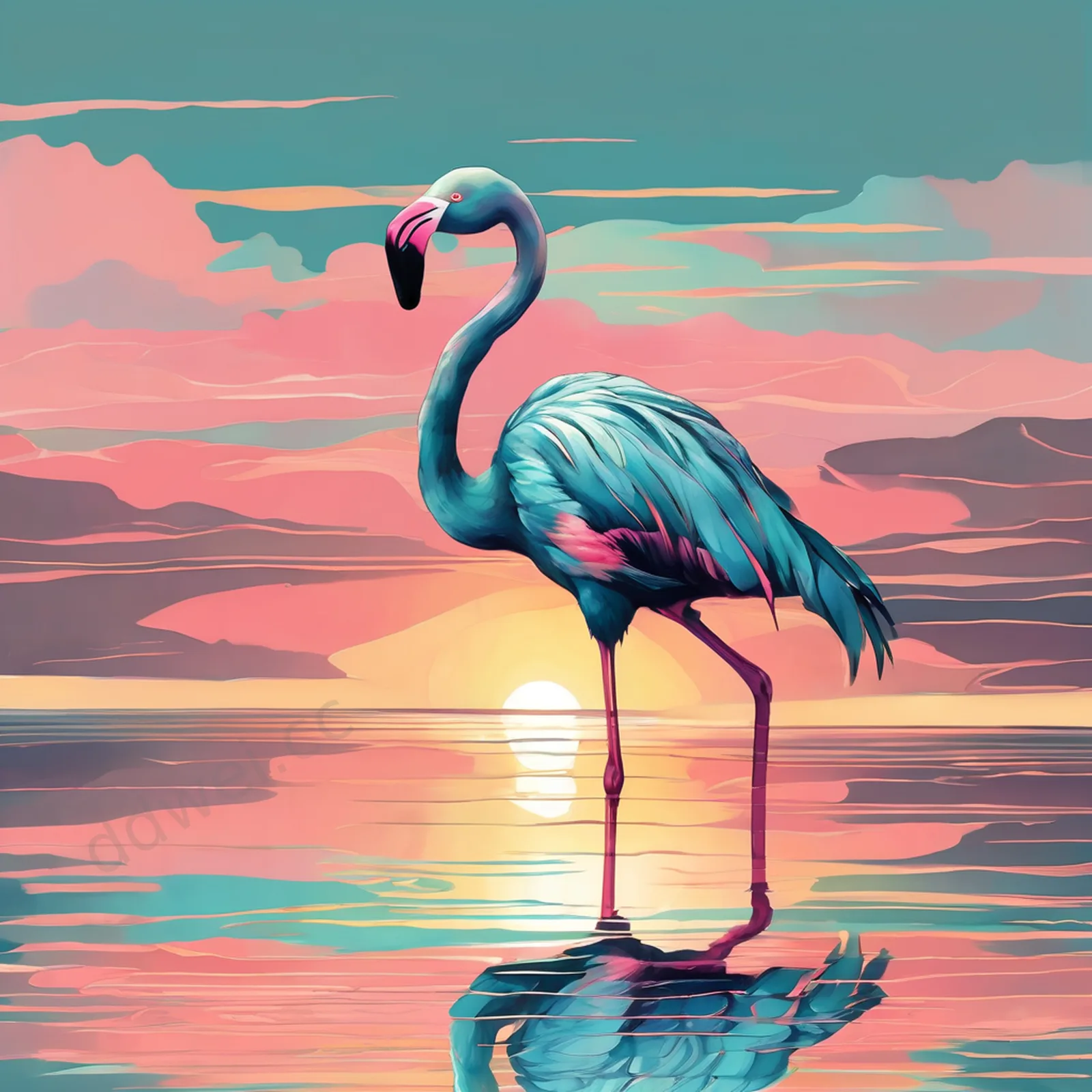 火烈鸟浅水倒影粉蓝渐变优雅艺术画