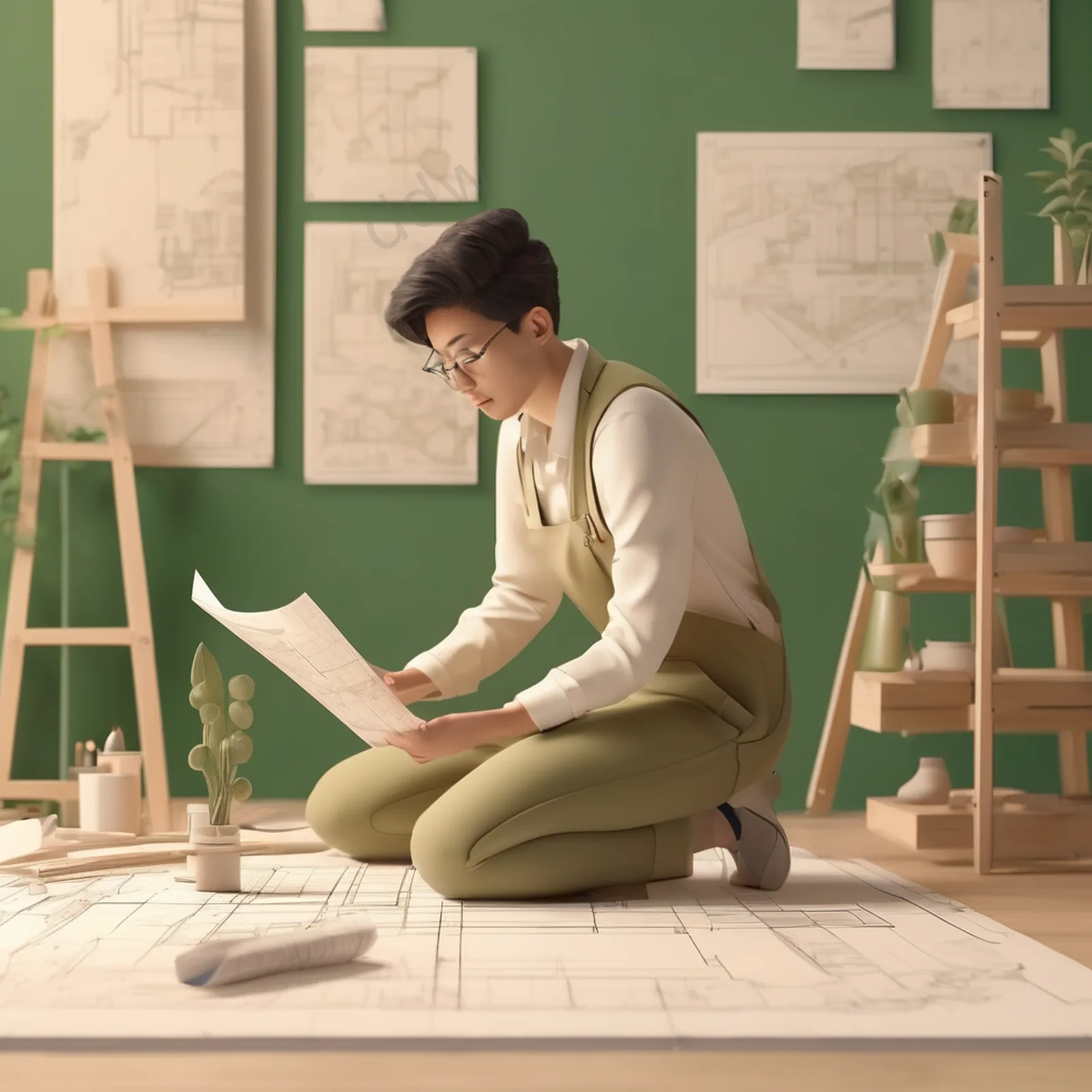 鼠尾草绿建筑师3D卡通插画