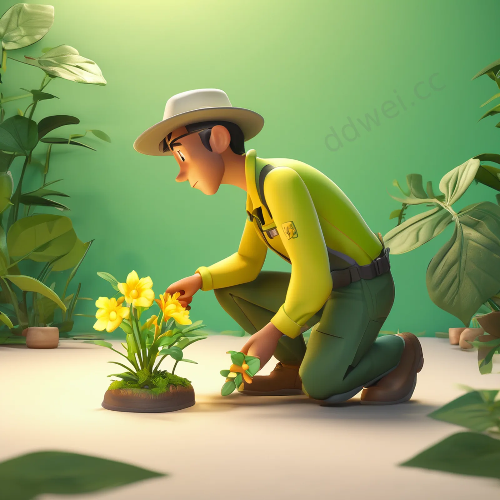 丛林绿柔黄皮克斯植物学家观察插画
