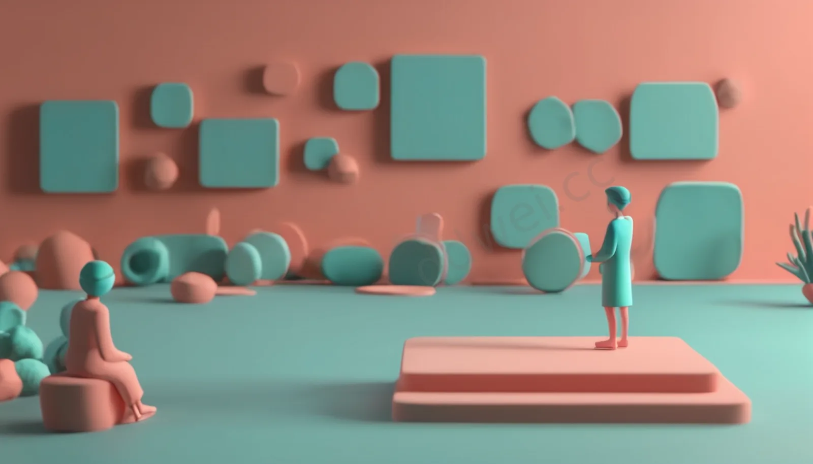 Teal & Coral Clay 3D Presentation Scene