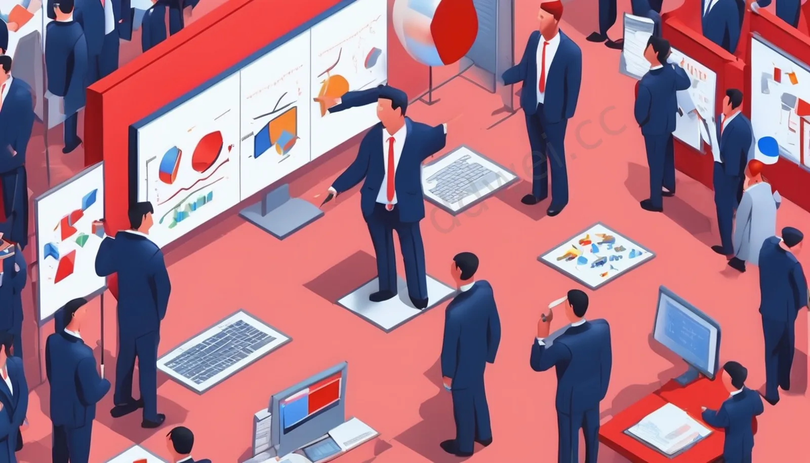 Navy & Coral Red Isometric Whiteboard Presentation