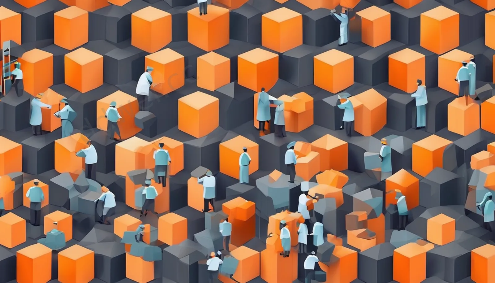 Pastel Orange & Slate Gray Data Cube Stacking Geometric Illustration