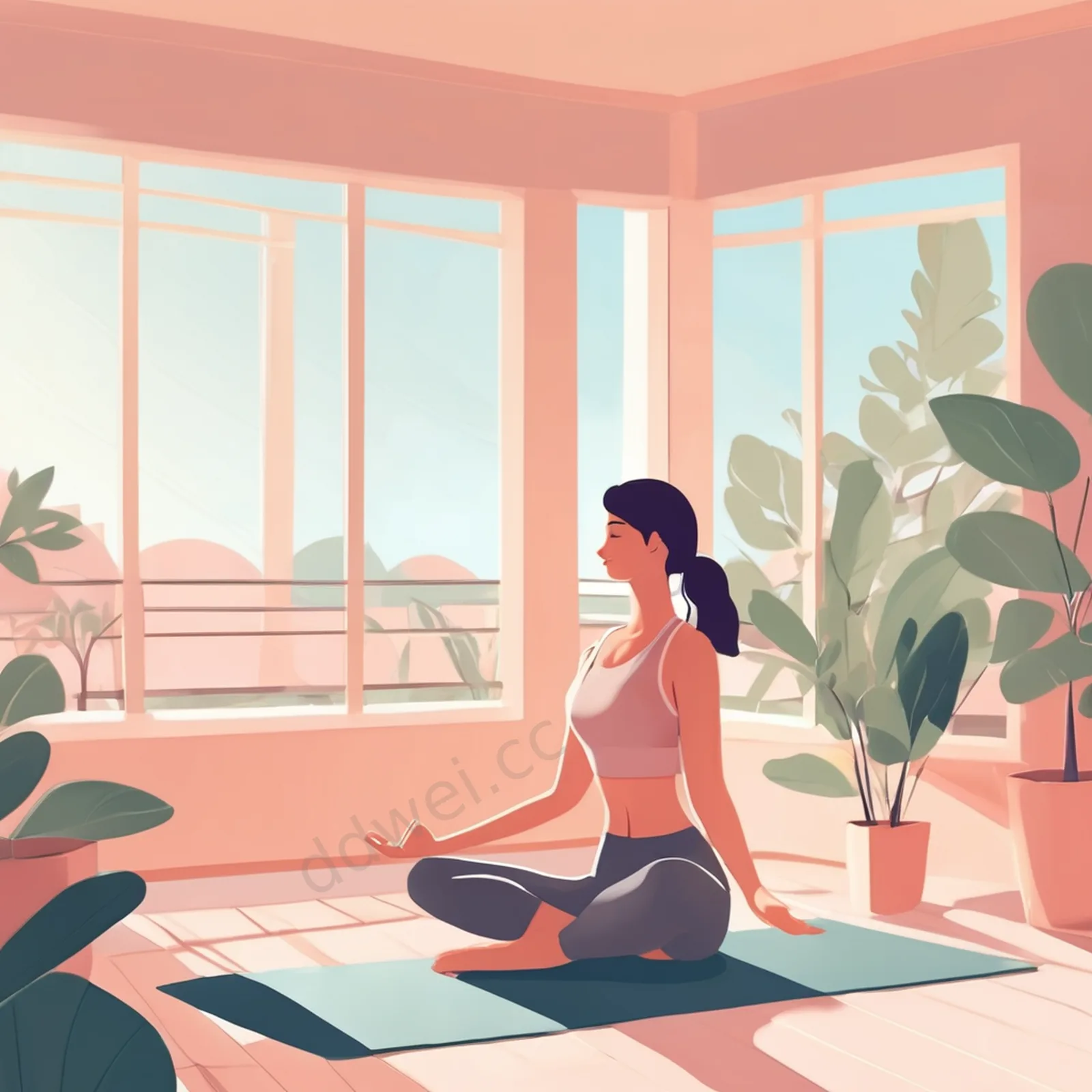 Soft Pastel Morning Balcony Yoga Healing Illustration