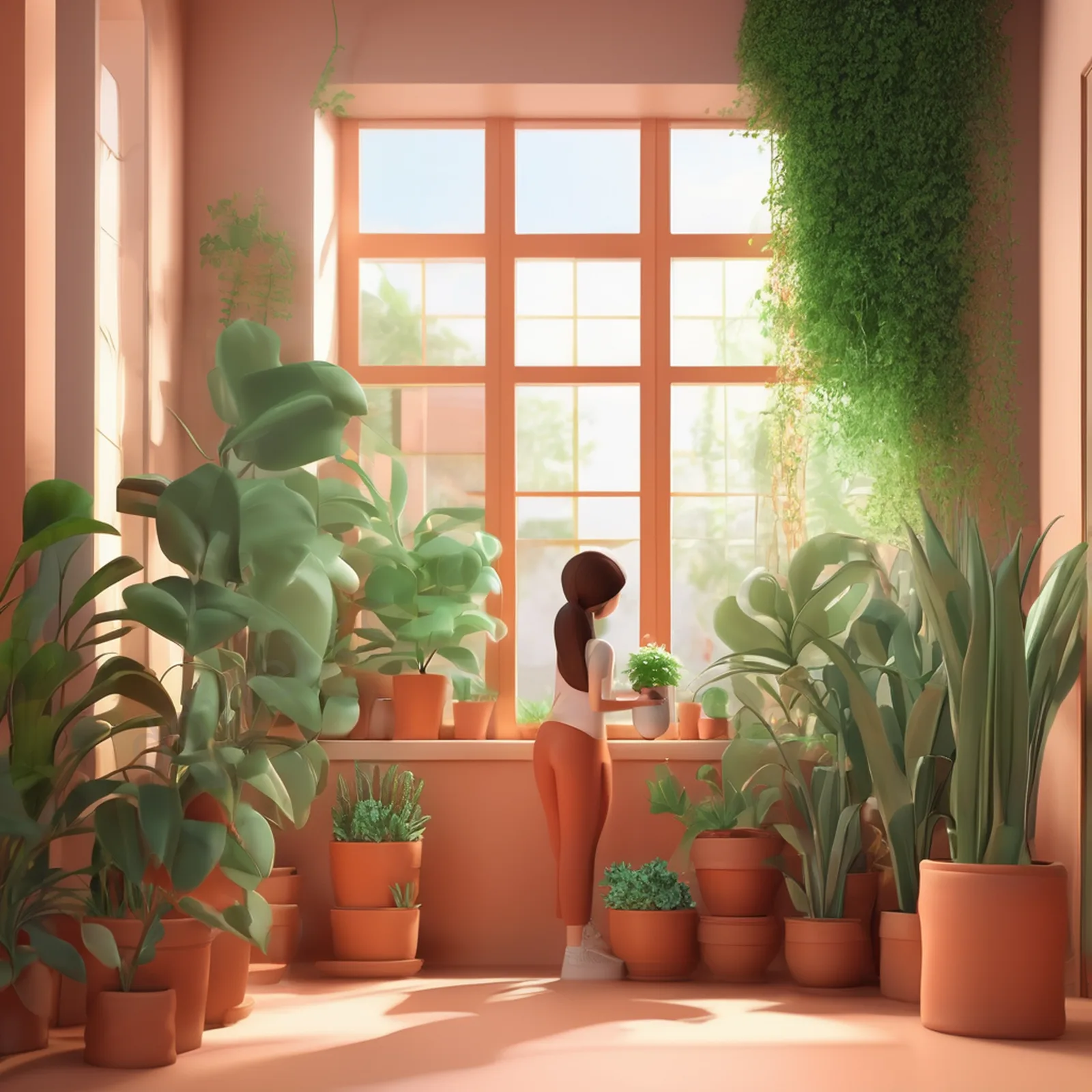翠绿赤陶调室内绿植浇水3D卡通插画