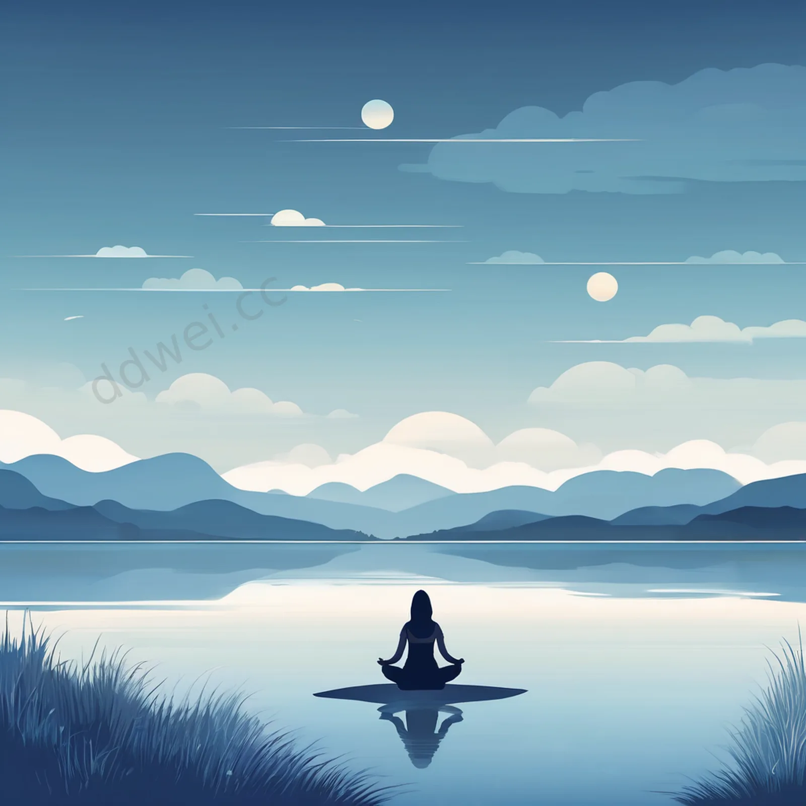 冷蓝白调湖畔冥想扁平治愈插画