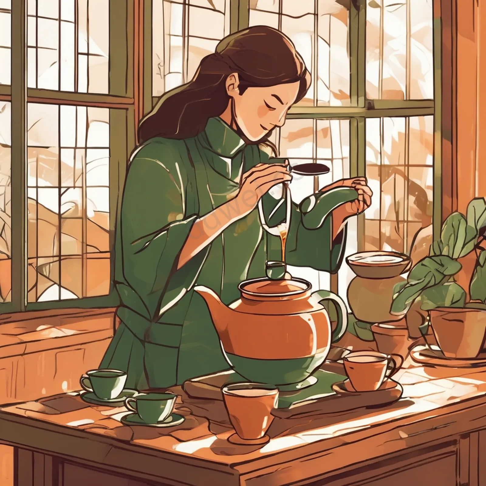 大地色系扁平风泡茶日常插画