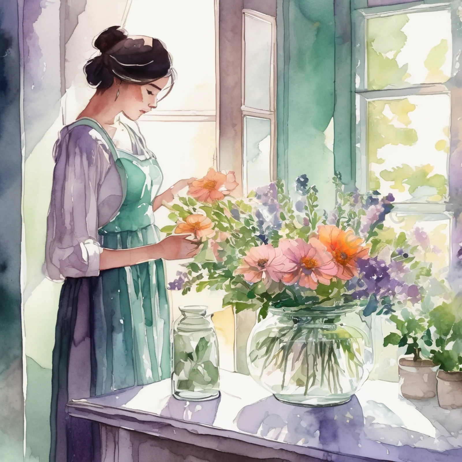 薄荷紫调手绘水彩插花清新插画