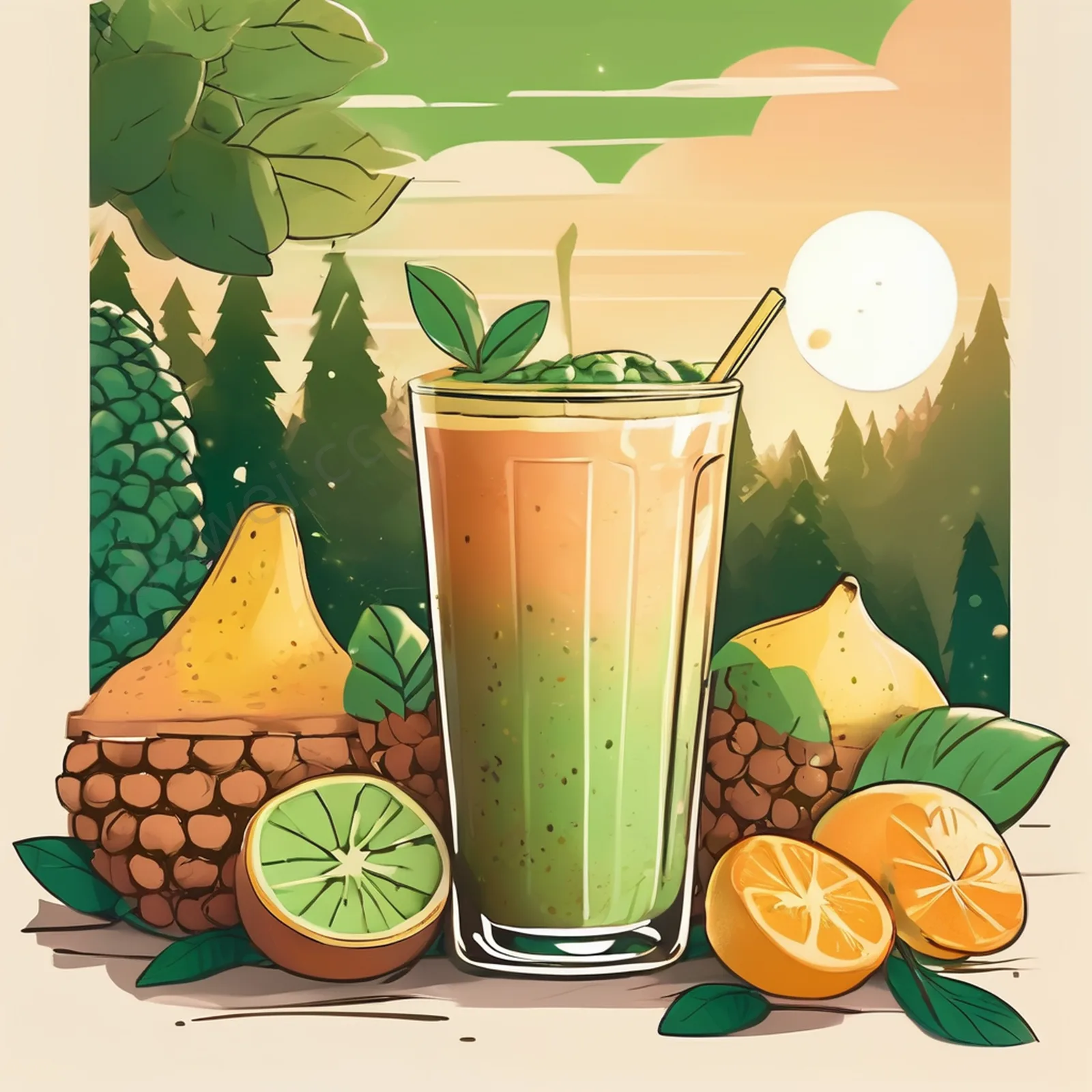 森林绿调柔粉数字风打果昔插画