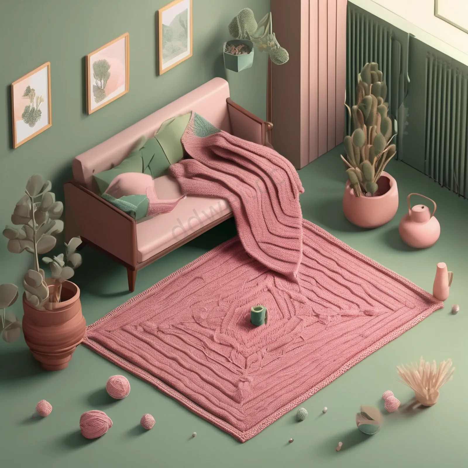 灰粉鼠尾绿等距3D风织围巾插画