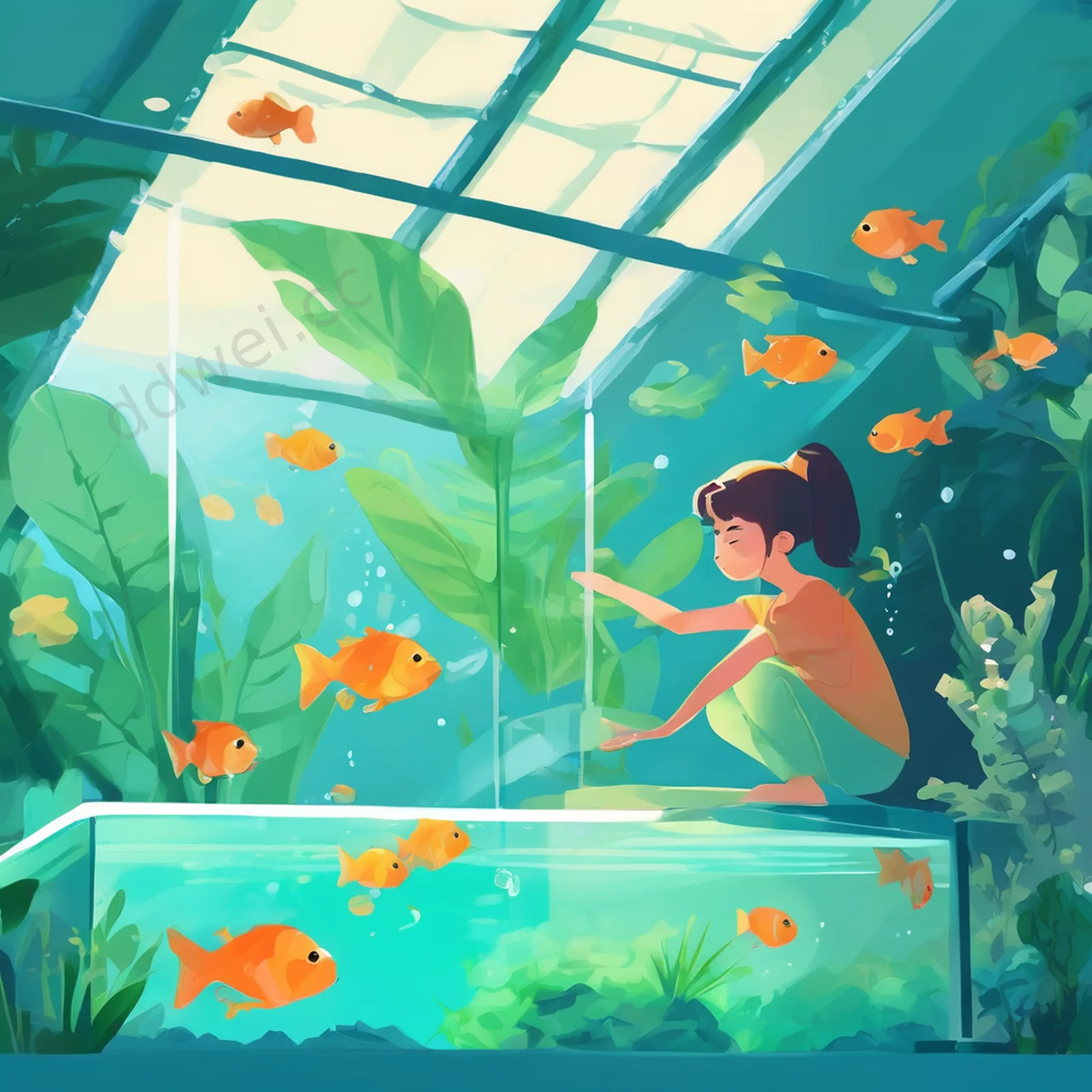 柔焦插画风蓝绿水族箱插画