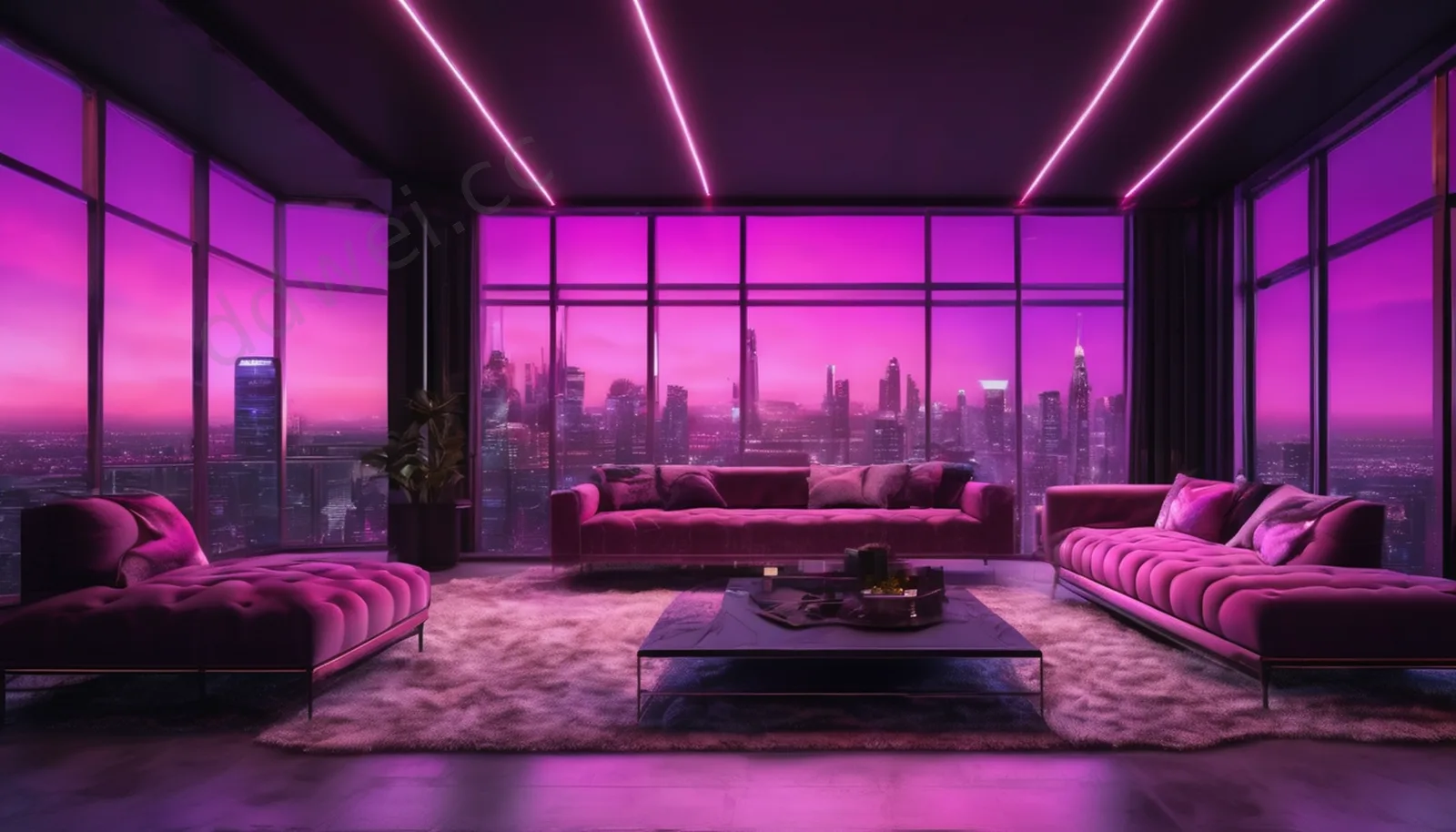 紫粉天鹅绒霓虹夜景落地窗背景
