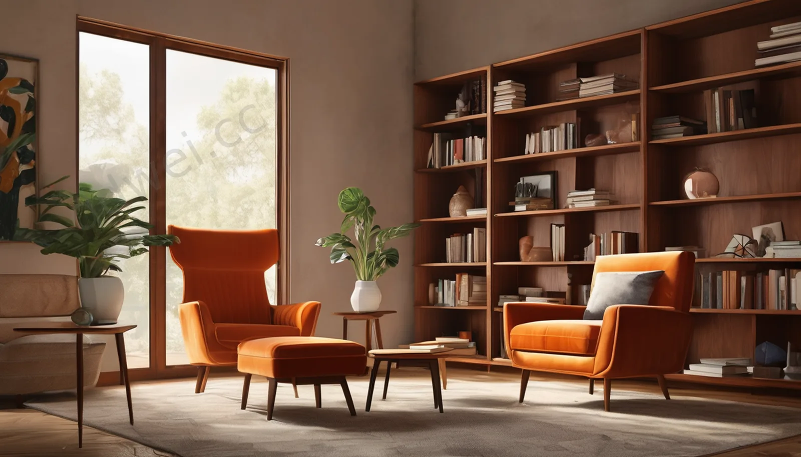 Teak Wood and Orange Velvet Mid-Century Study Video Conference Background