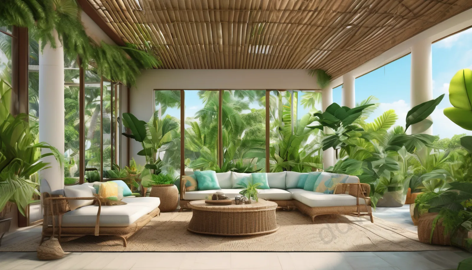 Rattan and Broadleaf Tropical Resort Living Room Video Conference Background