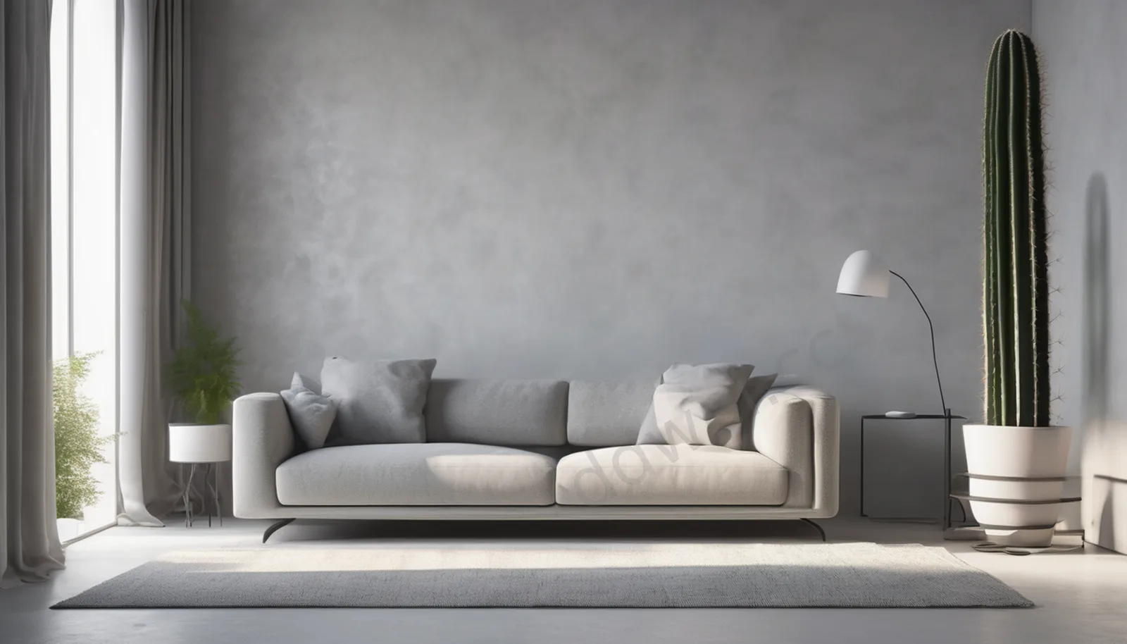 Light Gray Microcement and Cactus Minimalist Living Room Video Conference Background