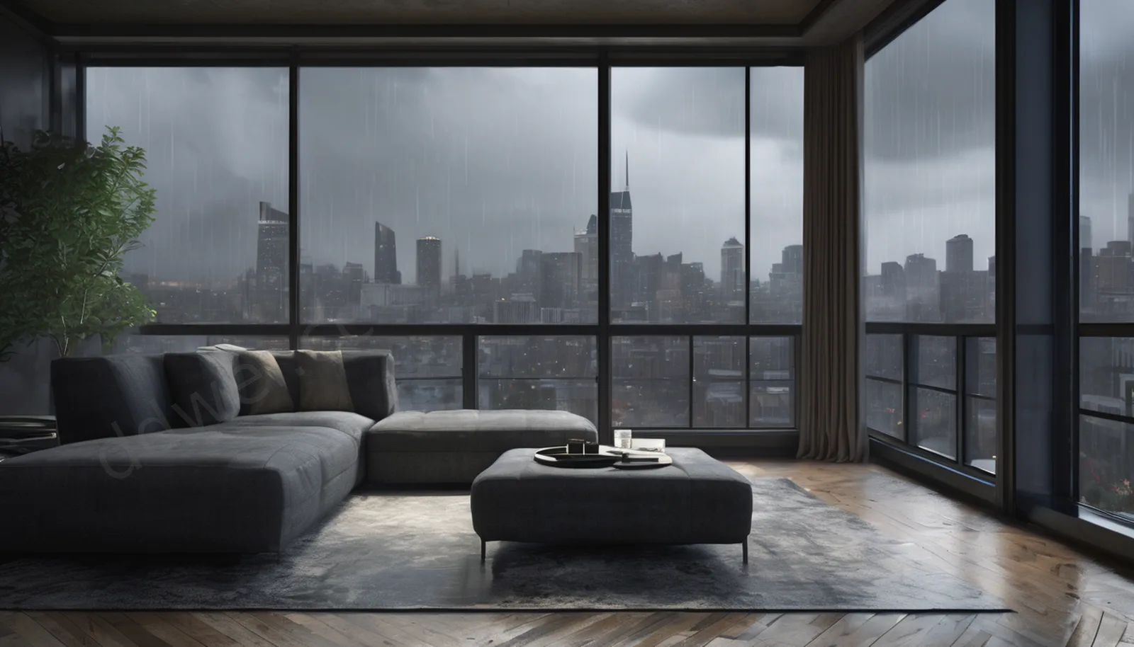 Dark Gray Fabric Rainy City Window Video Meeting Background