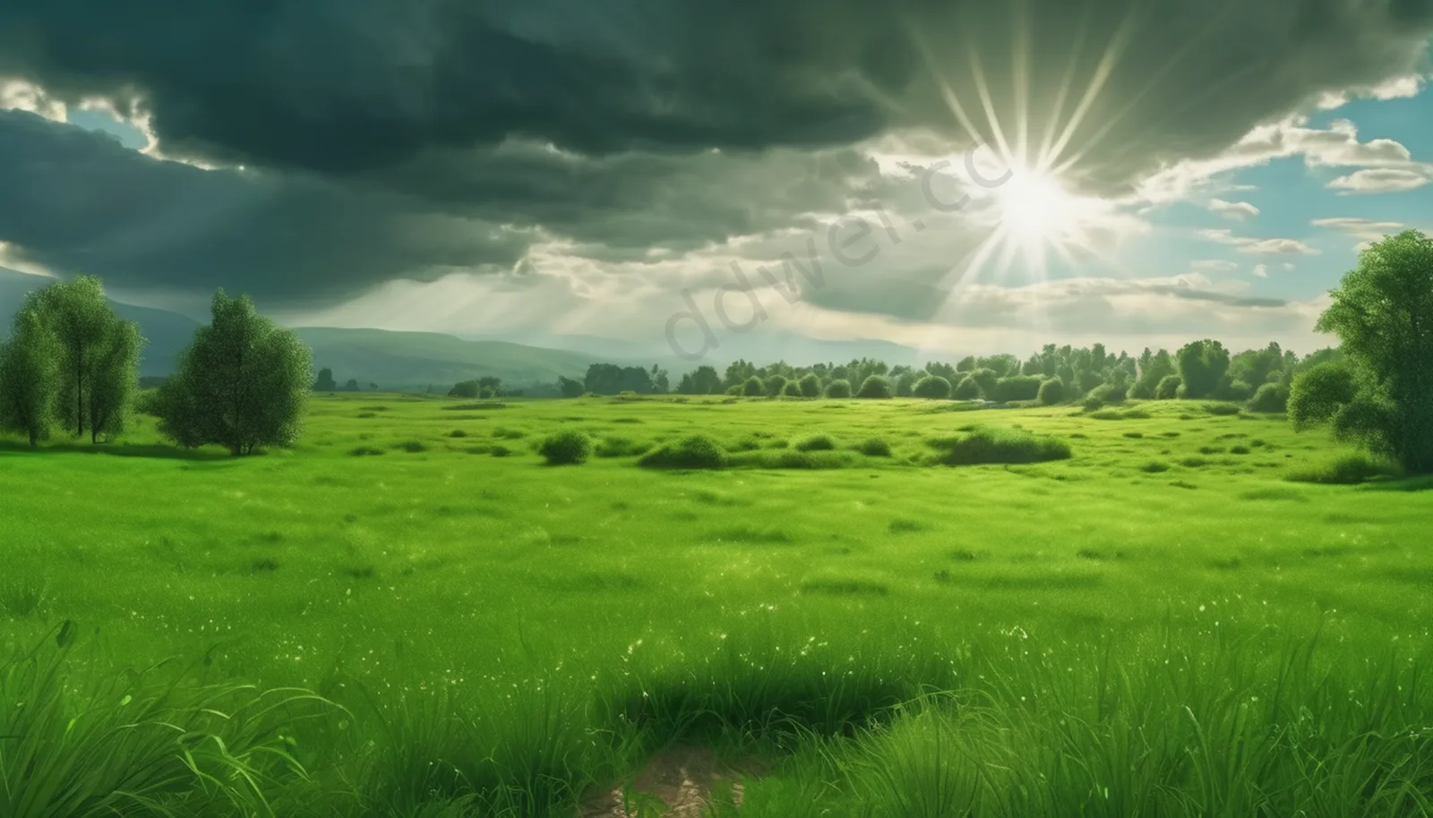 Fresh Emerald Green Grassland After Rain Sky Background