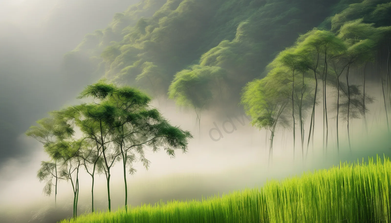 淡绿薄雾晨曦竹林山谷对角留白背景