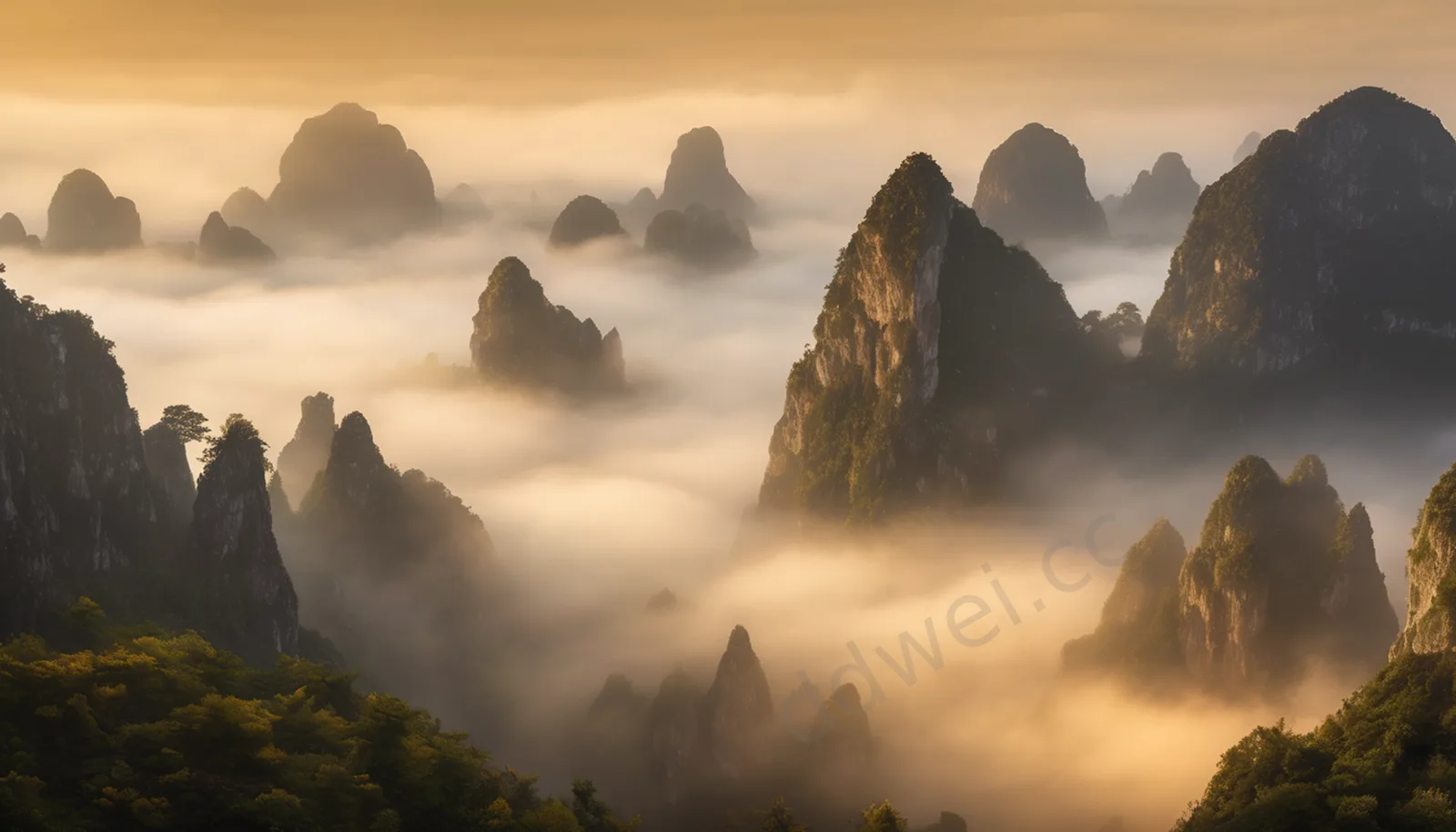 暖黄晨光穿透白雾峰林三分留白背景